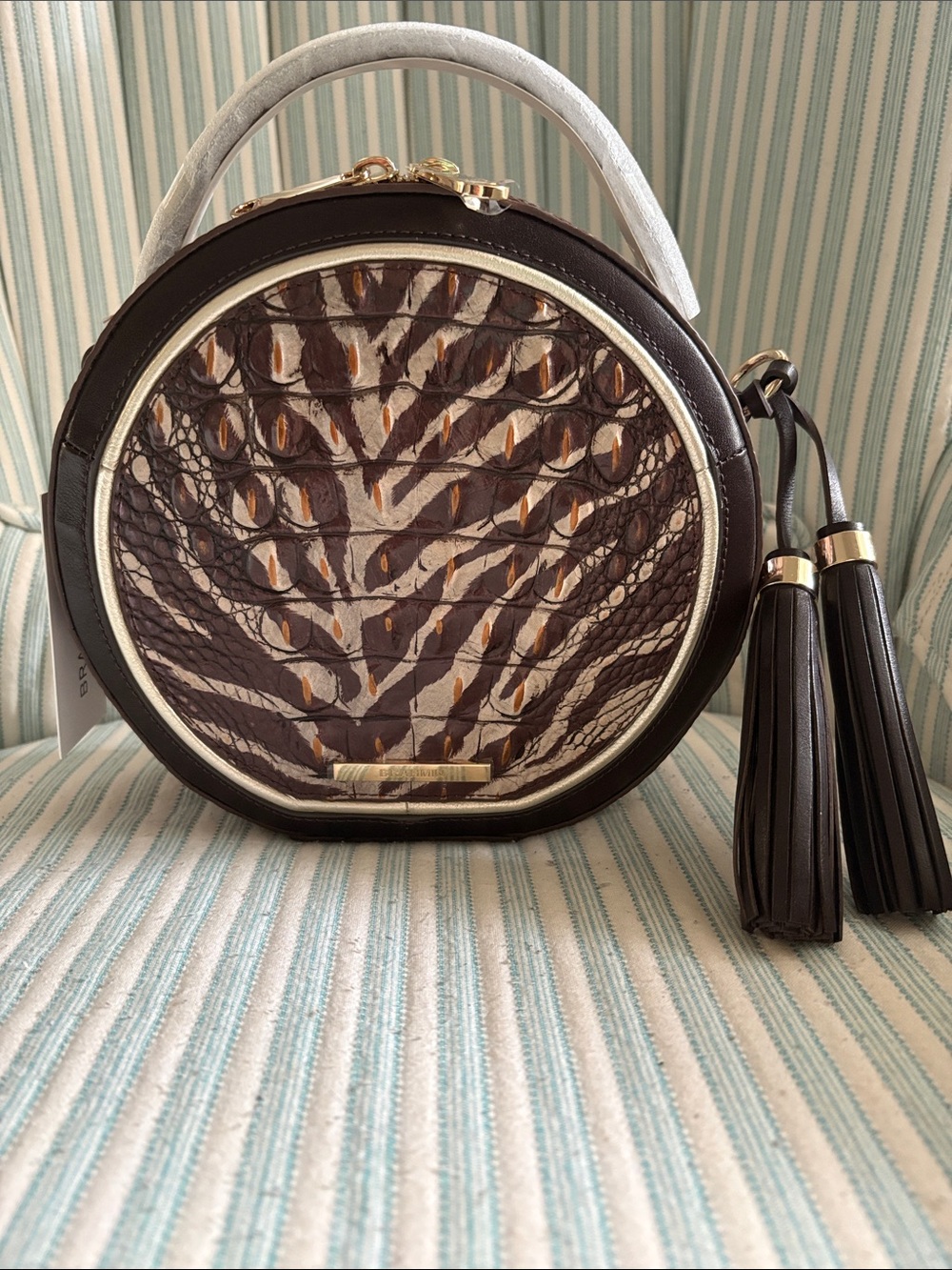 Brahmin Round Lana Crossbody in Dark Brown, Cream and Gold Coffee Bengal